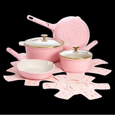 Paris Hilton PH11579-AS Clean Ceramic Nonstick Cast Aluminum Cookware Set with Heart Shaped Lid Knobs, Pink