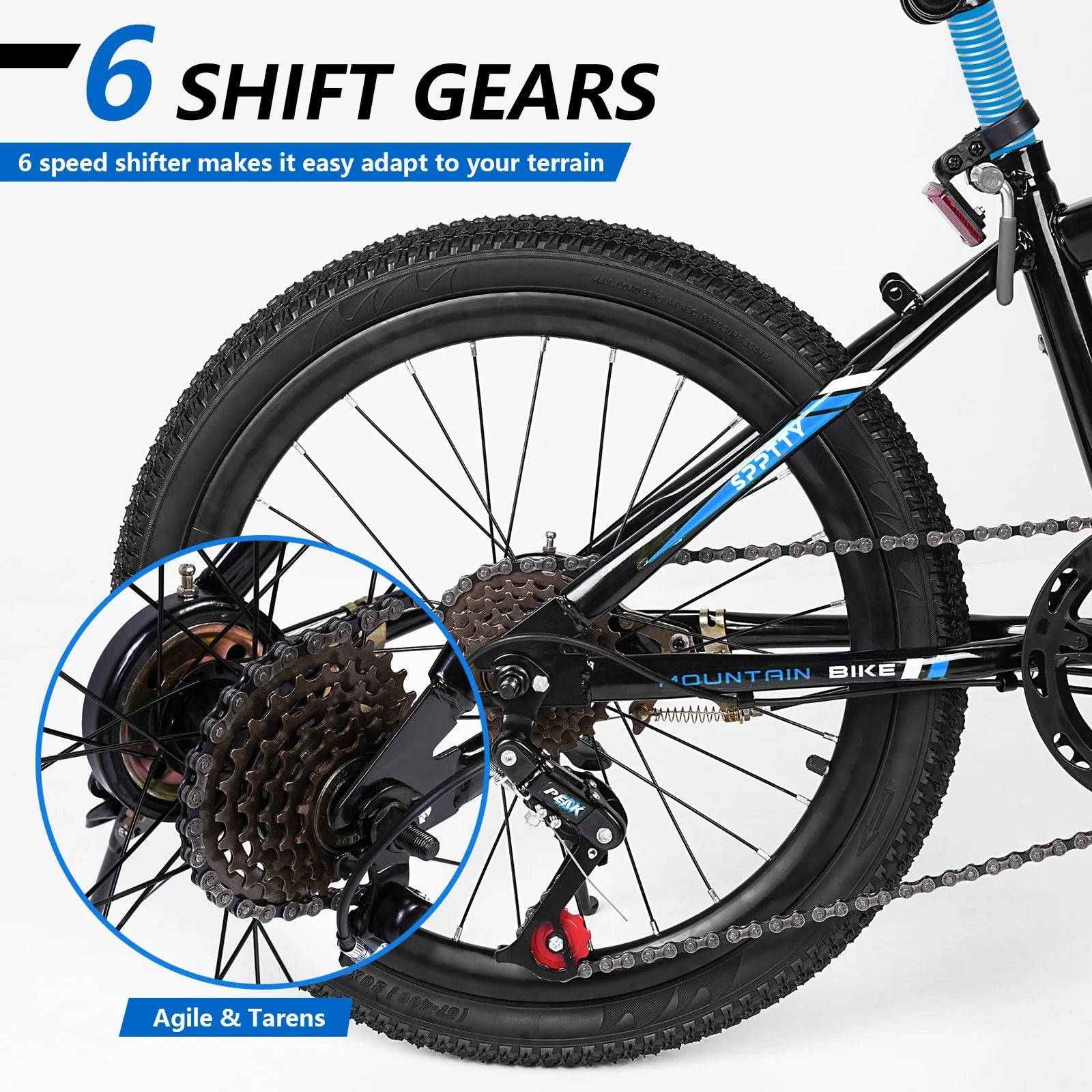 SPPTTY 20 - 24 in Bike, 6 - Speed Mountain Bike for Men Women Boys Girls, Comfort Saddle, Blue